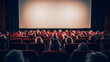 © Alex Bur - Cinema blank wide screen and people in red chairs in the cinema hall. Blurred People silhouettes watching movie performance.
