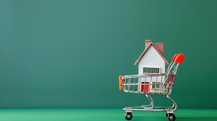 Wall Mural - Small white model house in supermarket trolley on green background. 