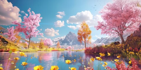 Canvas Print - A captivating photo showcasing the stunning beauty of nature in a colorful landscape, with vibrant trees, pink mountains, and floating flowers adding to the charm against a backdrop of a blue sky.