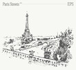 Hand drawn vector illustration of Eiffel Tower, Paris streets