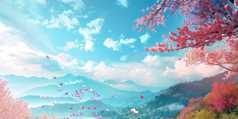 Canvas Print - An engaging stock photo featuring a colorful landscape filled with lush trees, pink mountains, and floating flowers, set against a serene blue sky with fluffy white clouds.