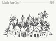 Hand drawn vector illustration of a buildings in the Middle East City, oasis in desert