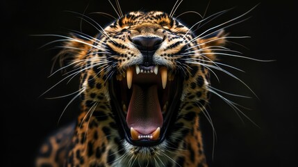 Wall Mural - A captivating photo highlighting the intricate details of a leopard's mouth in extreme close-up, against a solid black background, making it an eye-catching option for a high-quality 4K wallpaper.