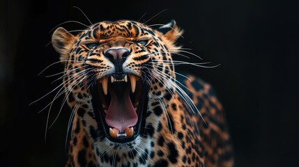 Wall Mural - An atmospheric image showcasing the intricate details of a leopard's mouth, with the dark backdrop accentuating the predator's fierce expression, perfect for a dramatic 4K wallpaper.