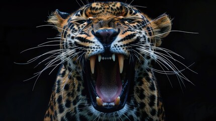 Wall Mural - A dynamic close-up photo of a leopard's mouth, showcasing its formidable teeth and muscular structure, against a sleek black background, creating a bold visual for a 4K wallpaper.