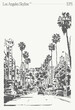 Los Angeles California skyline. Street view with palm trees. Hand drawn vector illustration, sketch.