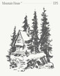 Sketch of a cabin in a forest with evergreen trees