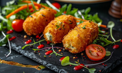 Poster - AI generated illustration of fish fingers with tomatoes, herbs, and vegetables on slate plate