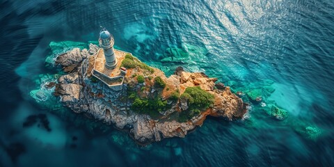 Wall Mural - Aerial drone view of the lonely rocky island with lighthouse