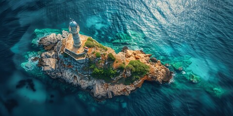 Canvas Print - Aerial drone view of the lonely rocky island with lighthouse