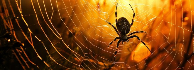 A spider is perched on its web, which is suspended in the middle of a grassy field. The arachnid appears still and observant, blending in with its surroundings.