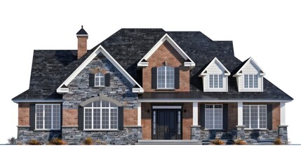 Wall Mural - image of a two story house with modern architecture style and roof with gables. House is made of brick with stone portions. 2d image front elevation with a white background