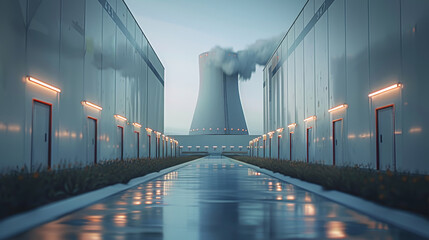 Wall Mural - Nuclear plant with big chimneys. Generative AI.