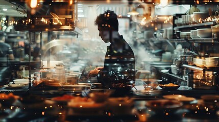 Fototapete - A man is cooking in a restaurant kitchen. The kitchen is full of plates, bowls, and other kitchenware. The man is wearing a black apron and is focused on his task. The atmosphere of the image is busy