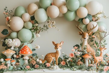 Wall Mural - A table with a bunch of balloons and deer and mushrooms