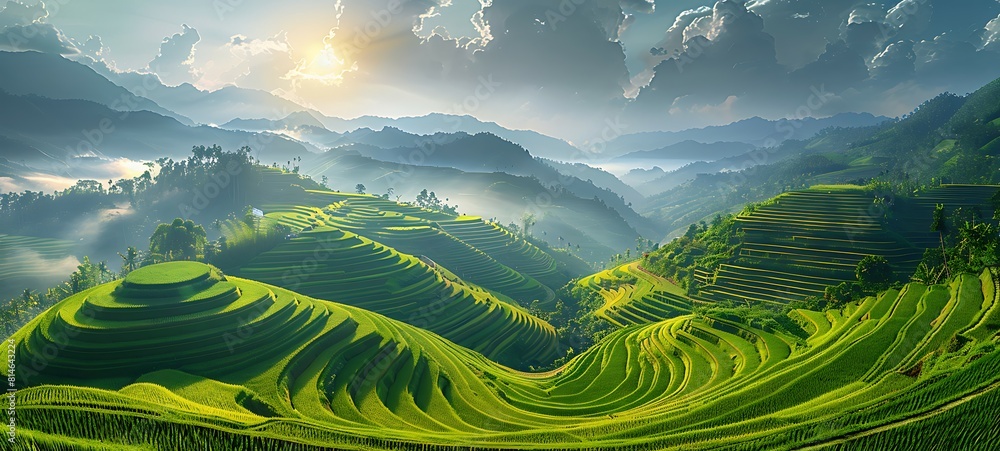 Sunny Terraced rice fields at sunrise, Lush green rice terraces bask in ...