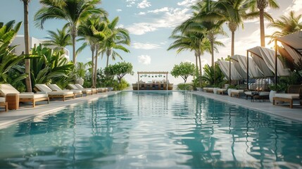 Wall Mural - an outdoor pool bar is the focal point of long pool in the beach. luxury hotel pool. lush vegetation