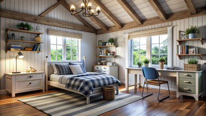 Wall Mural - Farmhouse interior design style boys room with exposed wooden beams