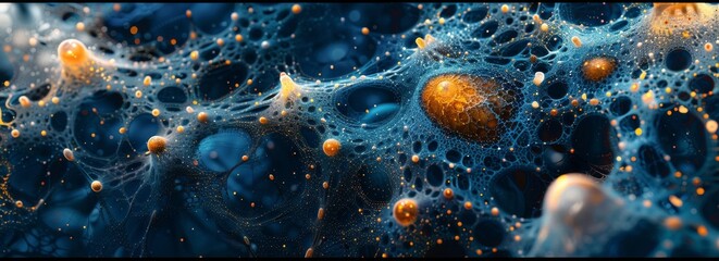 A blue and orange swirl of bubbles with a lot of gold and orange in it. The bubbles are floating in the air and the colors are vibrant