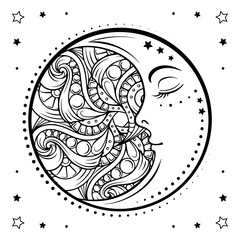 Wall Mural - Ethnic crescent moon motif. Antistress coloring page