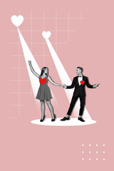 Sticker - Sketch image trend artwork photo collage of valentine day heart love sms like reaction popular lady man date couple dance club together