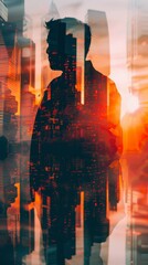 Poster - A man is standing in front of a city skyline with a sunset in the background