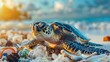 Turtle Amidst Plastic Waste on Beach at Sunset. Pollution Impact on Marine Life. Generative ai