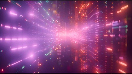 An animated CGI sequence of colorful computer code and data floating in a dark digital universe