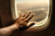A Hand Touching the Airplane Window, Capturing the Peaceful and Dreamy Experience of Air Travel and the Beautiful View of the Sky and Clouds, Generative AI