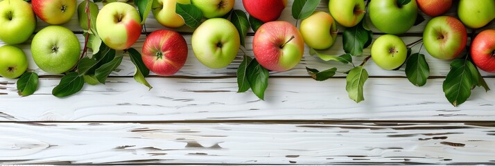 Wall Mural - Many healthy and colorful apples lie on a textured light background