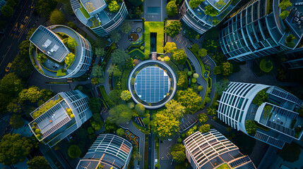 Wall Mural - A photo featuring energy-efficient buildings and green infrastructure, captured from above with a drone. Highlighting the integration of sustainable design features and renewable energy systems in urb