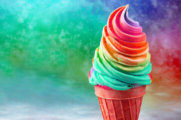 Wall Mural - Delectable Rainbow Colored Soft Serve Ice Cream Cone Isolated on Multi-color Backdrop