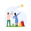 Customer review, user feedback and assessment. Tiny people with shopping bags launch gold star for favorable product from mobile phone screen, rate experience in survey cartoon vector illustration