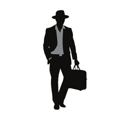Wall Mural - Businessman Silhouette Walking with Briefcase and Hat