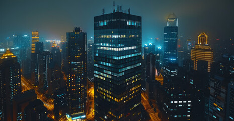 Aufkleber - Aerial view of a modern skyscraper office building at night, with city lights in the background. Generative AI.