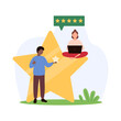 Customer review, user feedback about good product experience. Tiny people give five yellow stars message to premium best quality, clients vote with positive opinion cartoon vector illustration