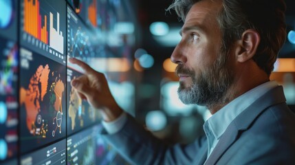 Poster - Businessman pointing at risk management concept on screen. Generative AI.