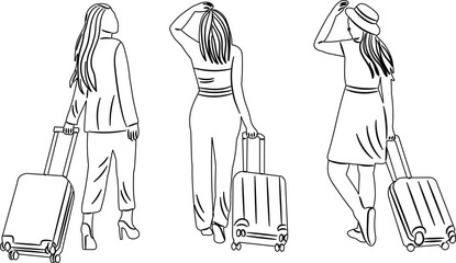 Wall Mural - women walking with suitcase sketch on white background vector