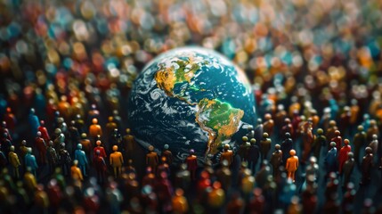 Miniature colorful crowd around the globe representing diversity, unity, and global community.