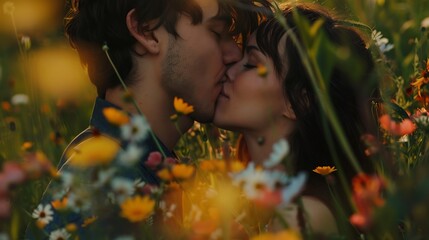 Wall Mural - top view of close up of a couple kissing laying in fields