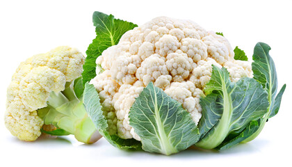 Fresh whole and partial cauliflower with green leaves isolated on a white background in high resolution