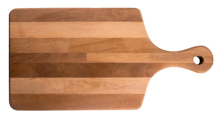 Striped wooden cutting board with handle isolated on a white background