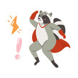Cute raccoon in red superhero cape jumping with power gesture vector illustration
