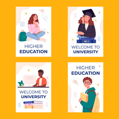 Wall Mural - Hand drawn flat university vertical card set collection
