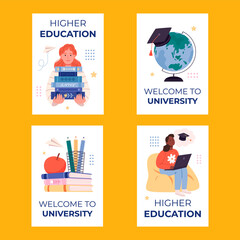 Wall Mural - Hand drawn flat university vertical cards set collection