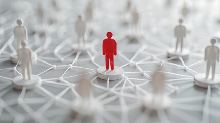 Red figure standing out in a white network, representing individuality, connection, and social structure.