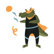 Cute green crocodile in superhero costume, cheerful animal hero in cape vector illustration