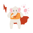 Cute elephant in red superhero cape standing in brave strong pose vector illustration