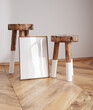 Wooden frame mockup close up standing near chair and vase in interior, 3d render
