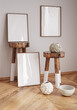 Wooden frame mockup close up standing near chair and vase in interior, 3d render